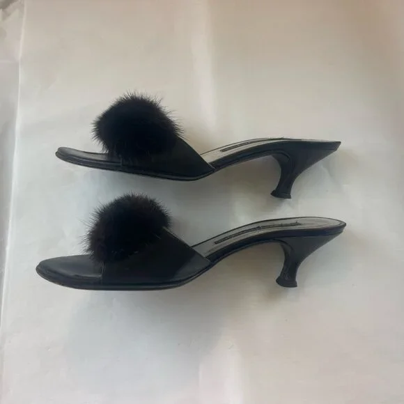 Giuseppe Zanotti Black Leather Kitten Heel Slides With Mink Fur - Picture 5 of 11